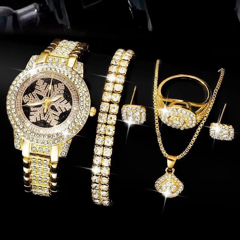 ❄💎 Snowflake Luxury Rhinestone Watch ✨ 5-Piece Elegant Jewelry Set 👑⌚ ALSOUQMART