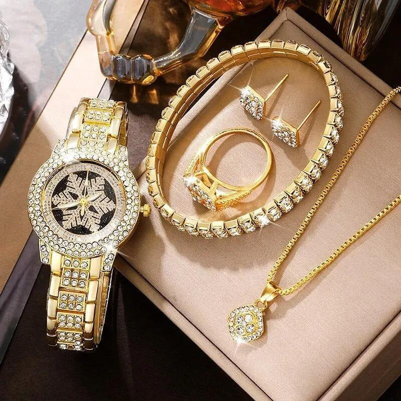❄💎 Snowflake Luxury Rhinestone Watch ✨ 5-Piece Elegant Jewelry Set 👑⌚ ALSOUQMART