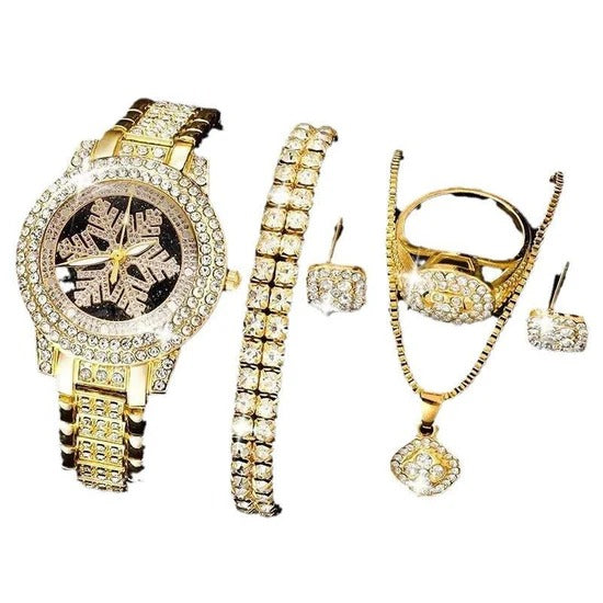 ❄💎 Snowflake Luxury Rhinestone Watch ✨ 5-Piece Elegant Jewelry Set 👑⌚ ALSOUQMART
